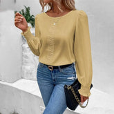 Shirring Cuff Round Neck Lace Patchwork Long Sleeve Blouse